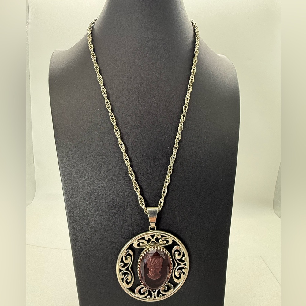 Vintage Purple Glass Cameo Necklace Silver Tone Filigree Pendantβ Charm Gift Box